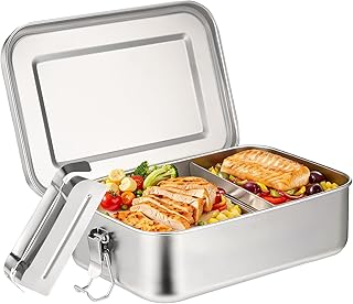 Brotdose Edelstahl mit 2 Fächern, 1400ml Lunchbox Auslaufsicher, Lunchbox Bewegliche Trennwand, Brotdosen Metall Umweltfreundlich & BPA-frei, Vesperdose, Pausenbrot, Für Erwachsene & Kinder