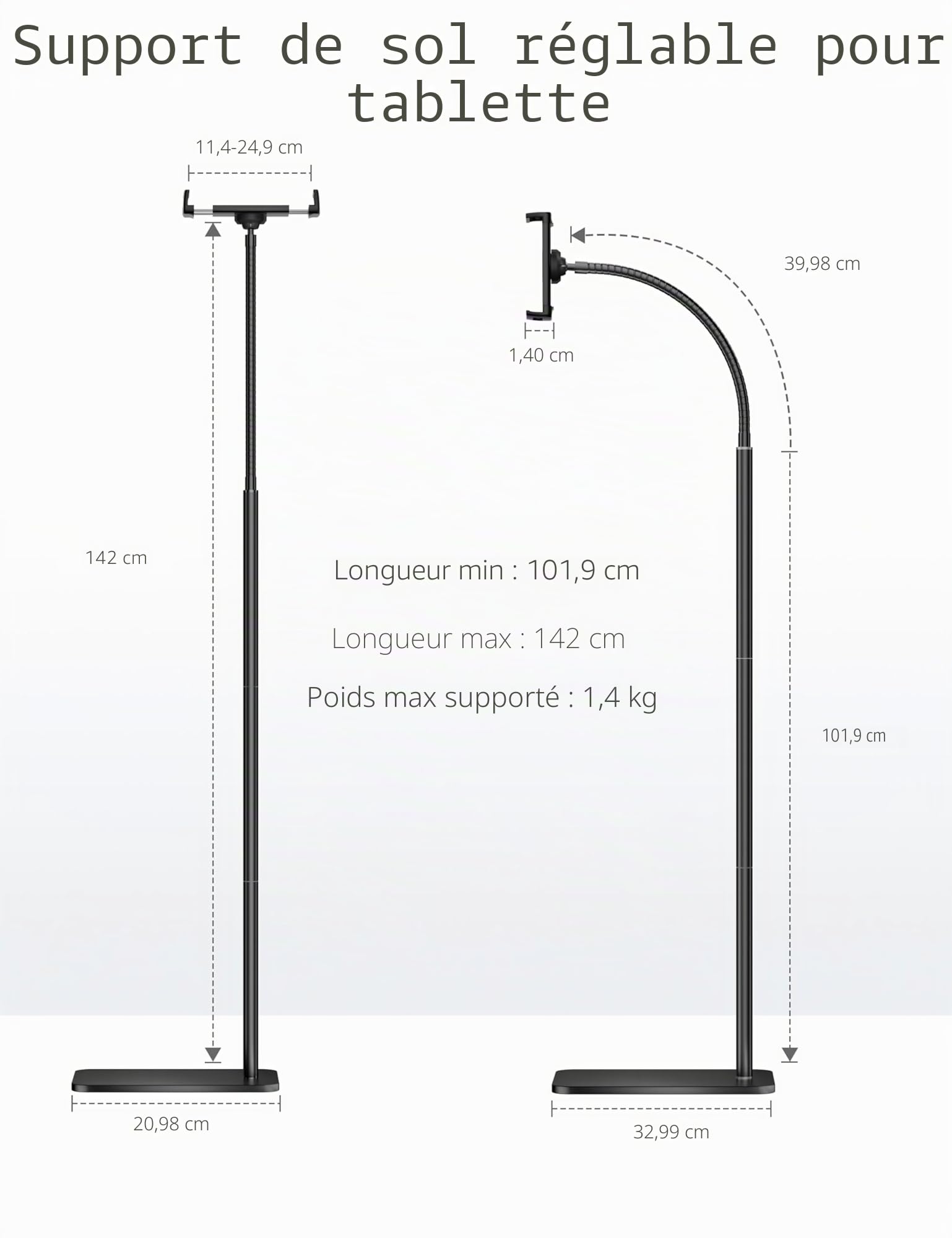 LanPavilion Support iPad, Support de Sol réglable en métal, avec col de Cygne Flexible,Compatible iPad/Kindle/téléphones (4.7''-13''), idéal pour Films en Mains Libres.