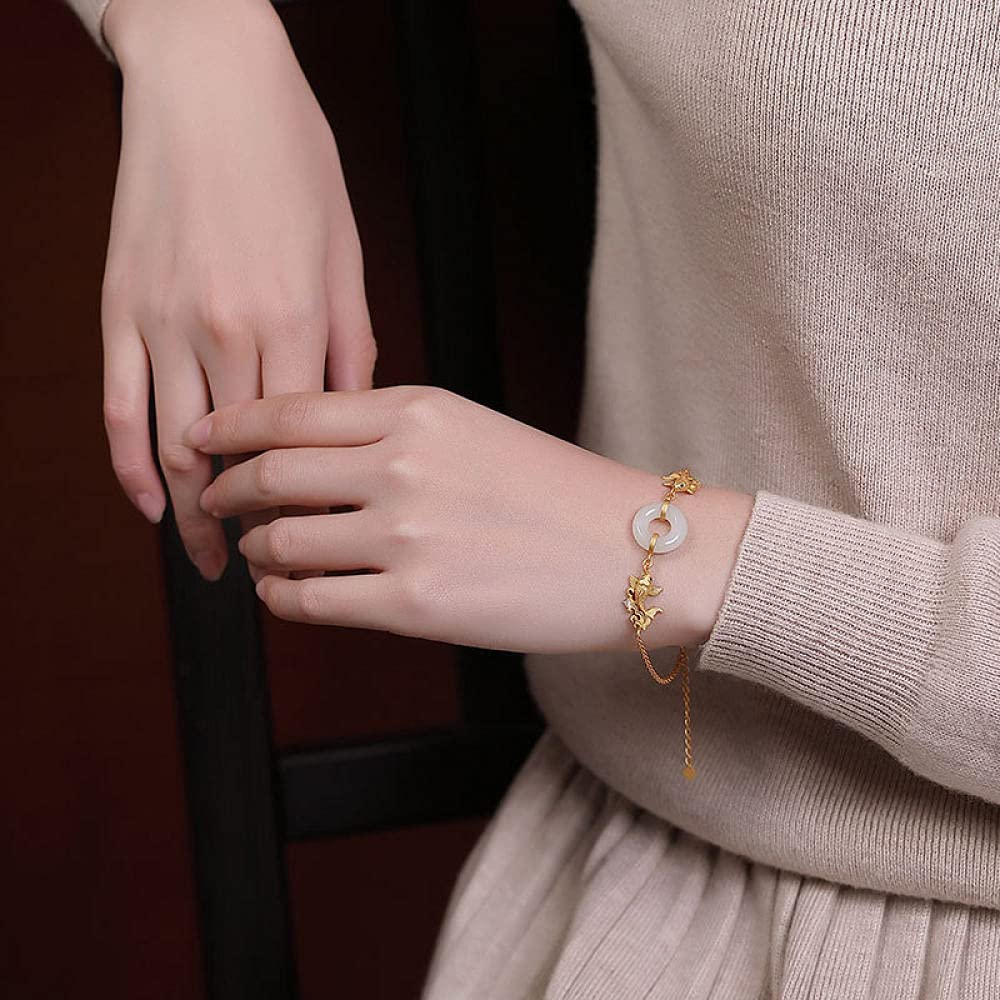 Girls Accessories Bracciale in Argento Sterling 925 Vintage per Donna Semplice Giada placcata Oro Doppio Pesce Carpa Fibbia sicura Gioielli Classici Fascino Spiaggia Estiva Birthday Gift