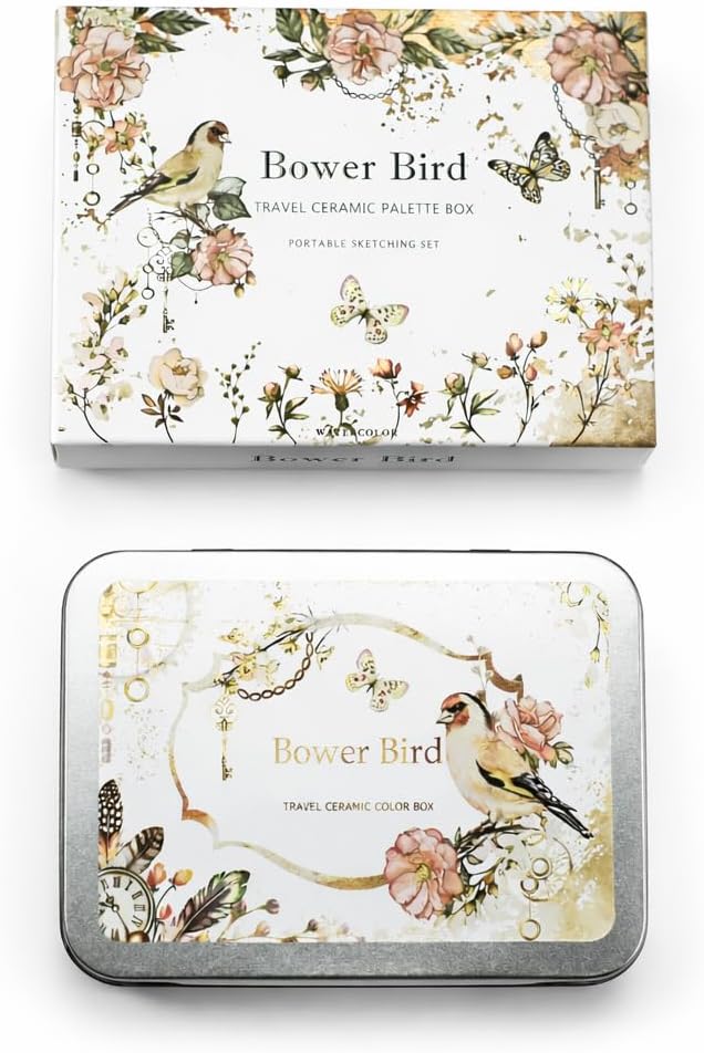 Bower Bird Travel Watercolor Palette,Portable Ceramic Palette 6 Well,Empty Paint Palette,Small Travel Metal Paint Boxwith Porcelain Palette (6Well)