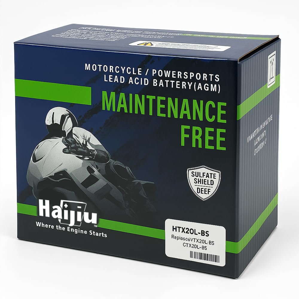 Haijiu HTX20L-BS Batería de Arranque AGM para Moto, Harley y ATV | 12V, 18 Ah, 310 CCA | Sin Mantenimiento, Antivibración