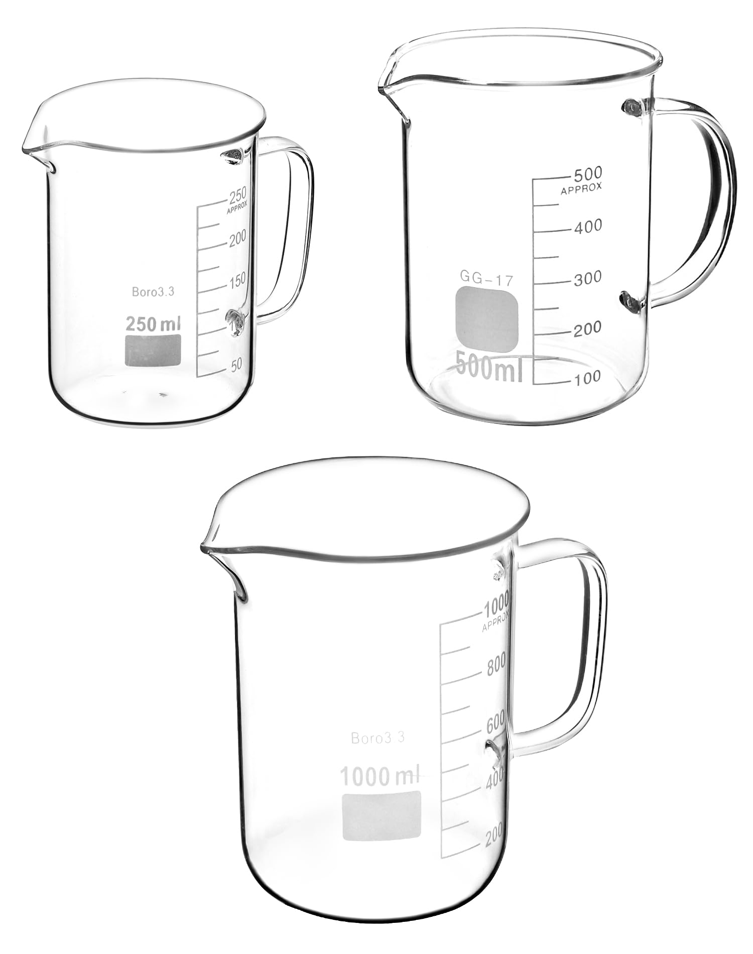 QWORK Kit de taza medidora de vidrio de borosilicato, 3 piezas (500 ml + 1000 ml + 250 ml) taza de vaso con asa, boquilla en forma de V, vaso de medición