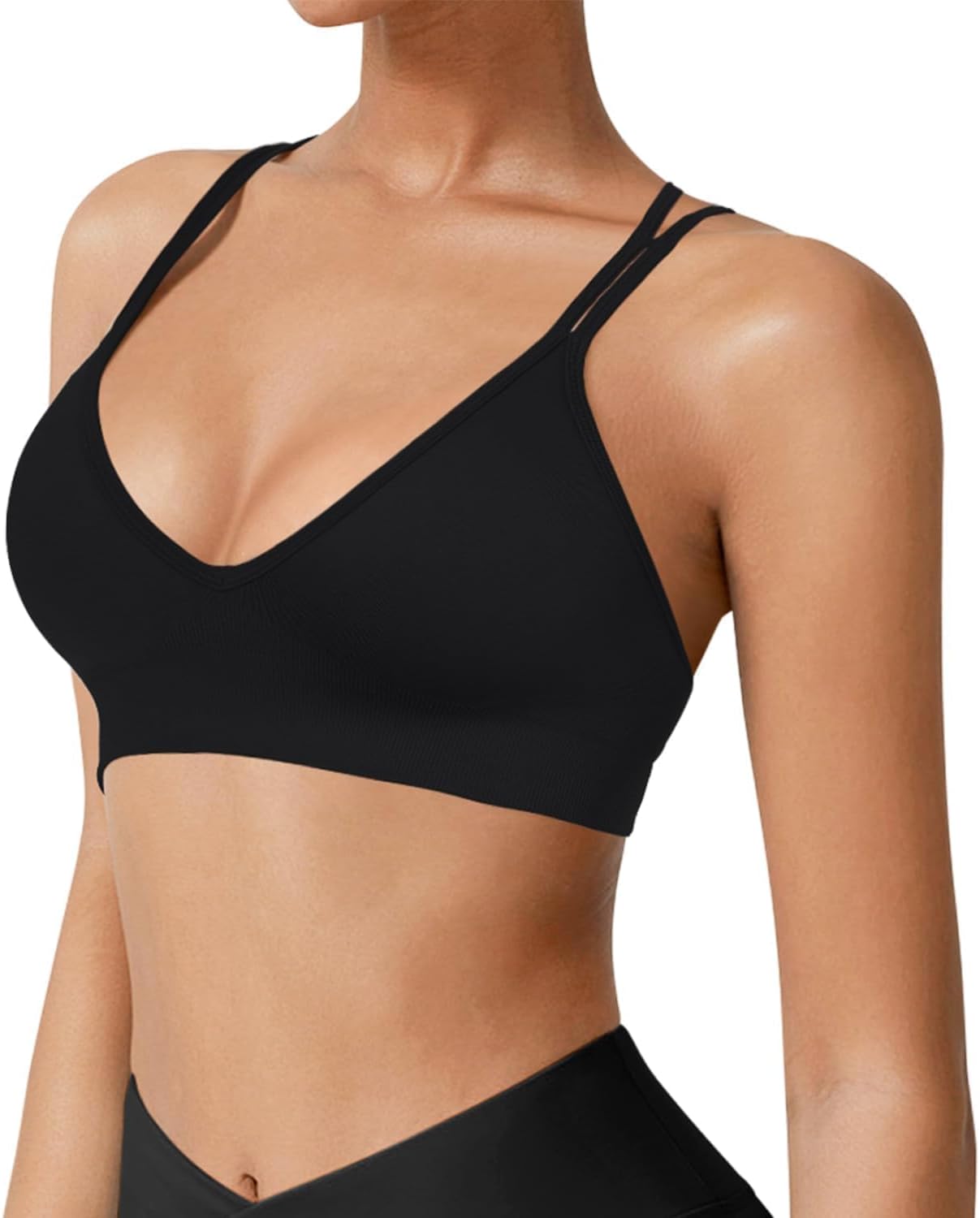 VEQING Seamless V-Neck Women Sports Bras, Padded Cross Back Wireless Low Impact Workout Yoga Bras for Small Chests, 3 Pack - Image 4