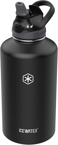 ICEWATER -Botella de agua aislada de 64 onzas, medio galón, con tapa de popote automático y asa de transporte, tapa bloqueable a prueba de fugas con
