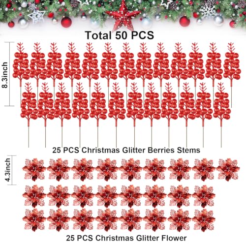 BBita 50Pack Christmas Glitter Berries Stems, 8.3Inch Artificial Christmas Picks for Christmas Tree Ornaments Decorations, DIY Xmas Wreath,Holiday and Home Decor, Red - image 2