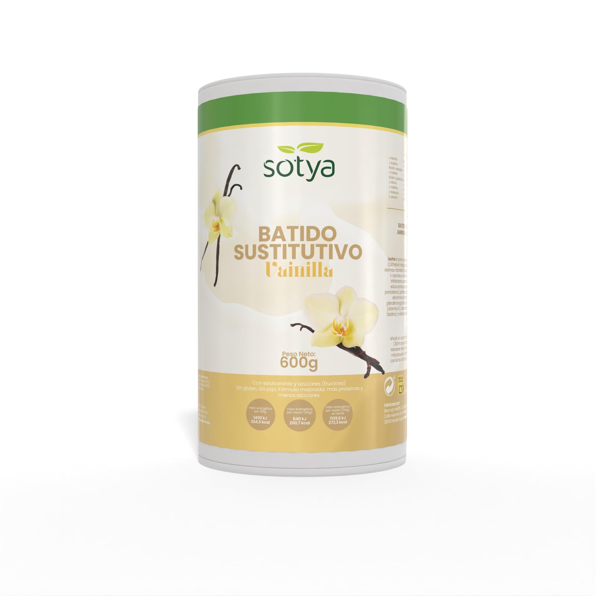 Batido Sustitutivo de Comida Vainilla (600 g) Batido Saciante en Polvo para Control de Peso con Proteínas, Fibra, Vitaminas y Minerales