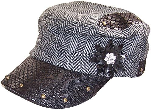 Women's Bling Cadet Hat Herringbone Military Cap With Leather Accents & Flowers