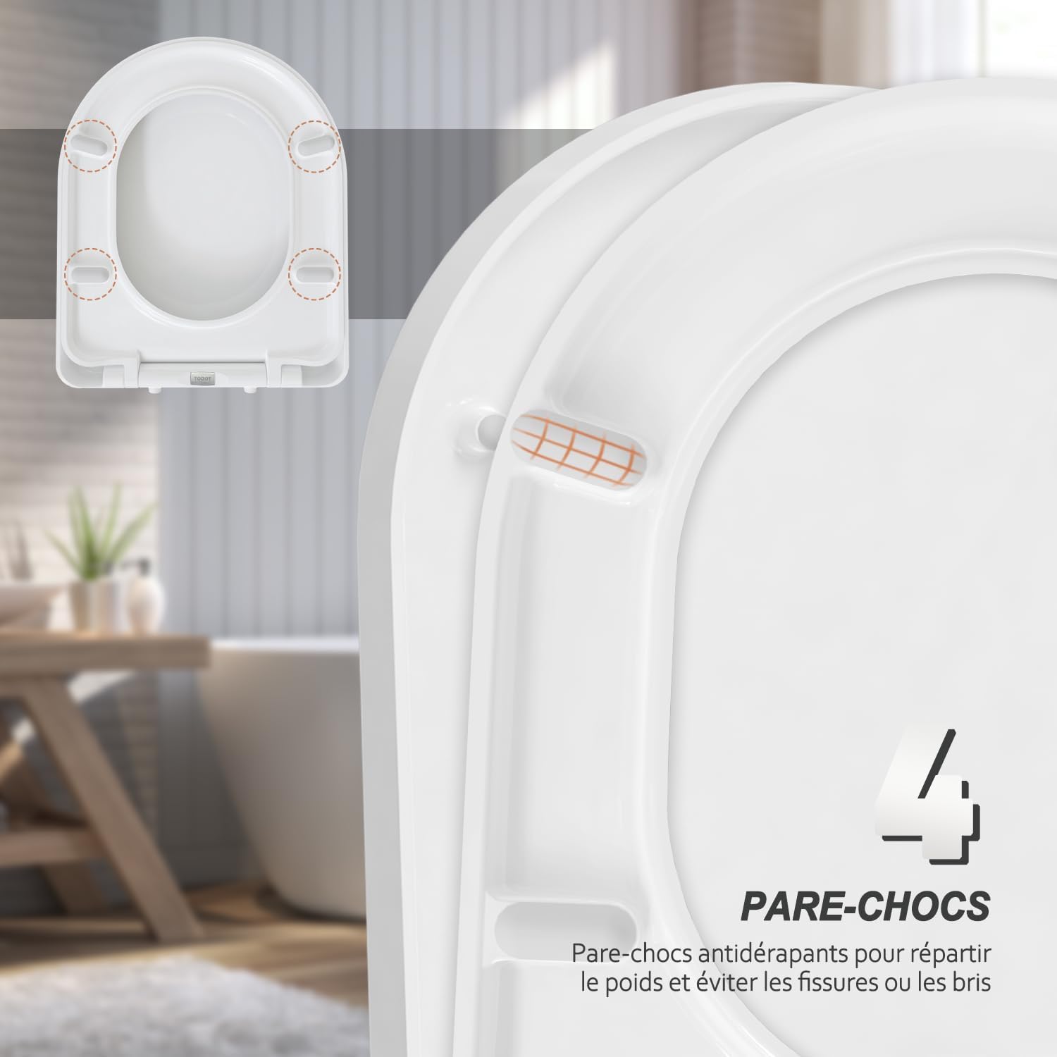 Abattant WC Blanc Duroplast Thermoplastique Déclipsable Forme D avec Frein de Chute Charnière Réglable, Dégagement Rapide à Un Bouton
