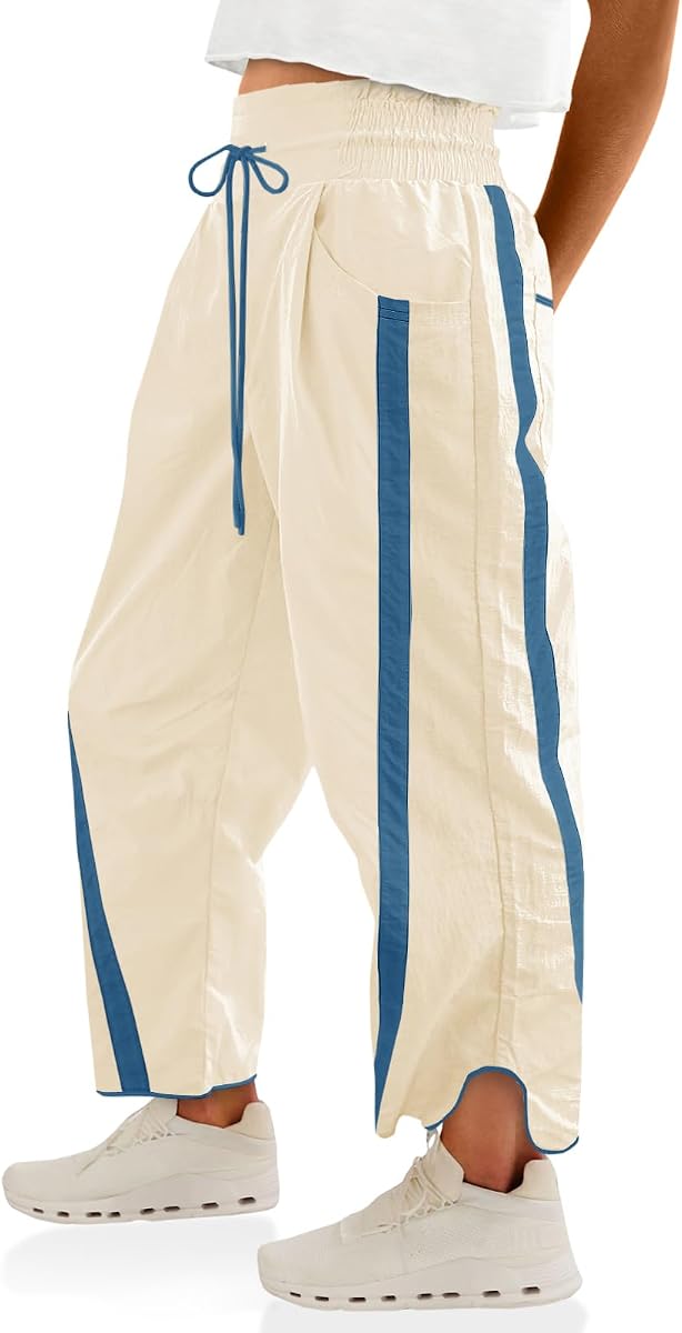 Women's Baggy Wide Leg Pants Casual Drawstring Elastic Waisted Contrast Color Workout Y2K Track Pants