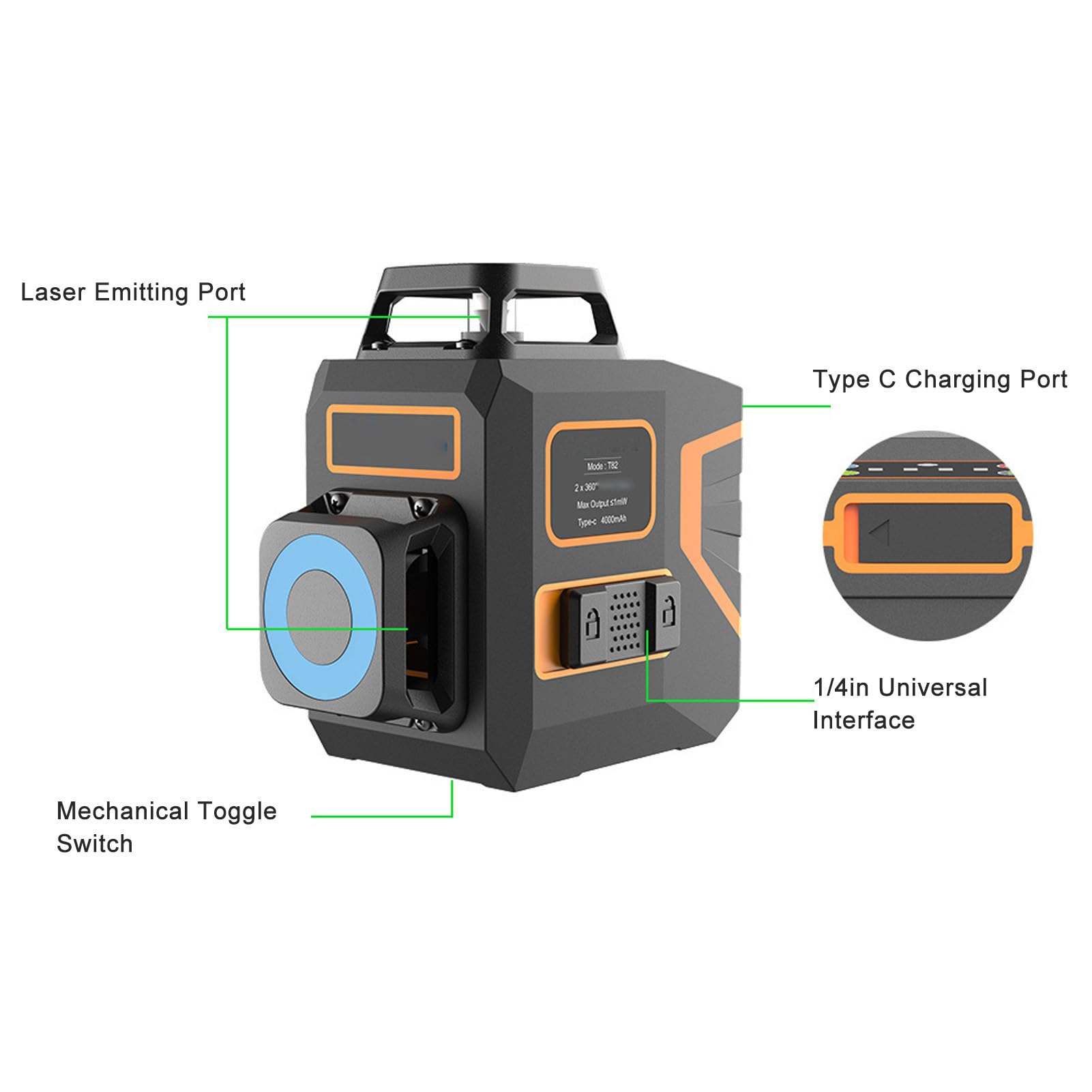 Nivelador de Línea Láser, Herramienta de Nivel de Haz Verde Autonivelante de 360 ​​grados con Autonivelación Automática y 4 Modos, para Decoración Interior y Exterior
