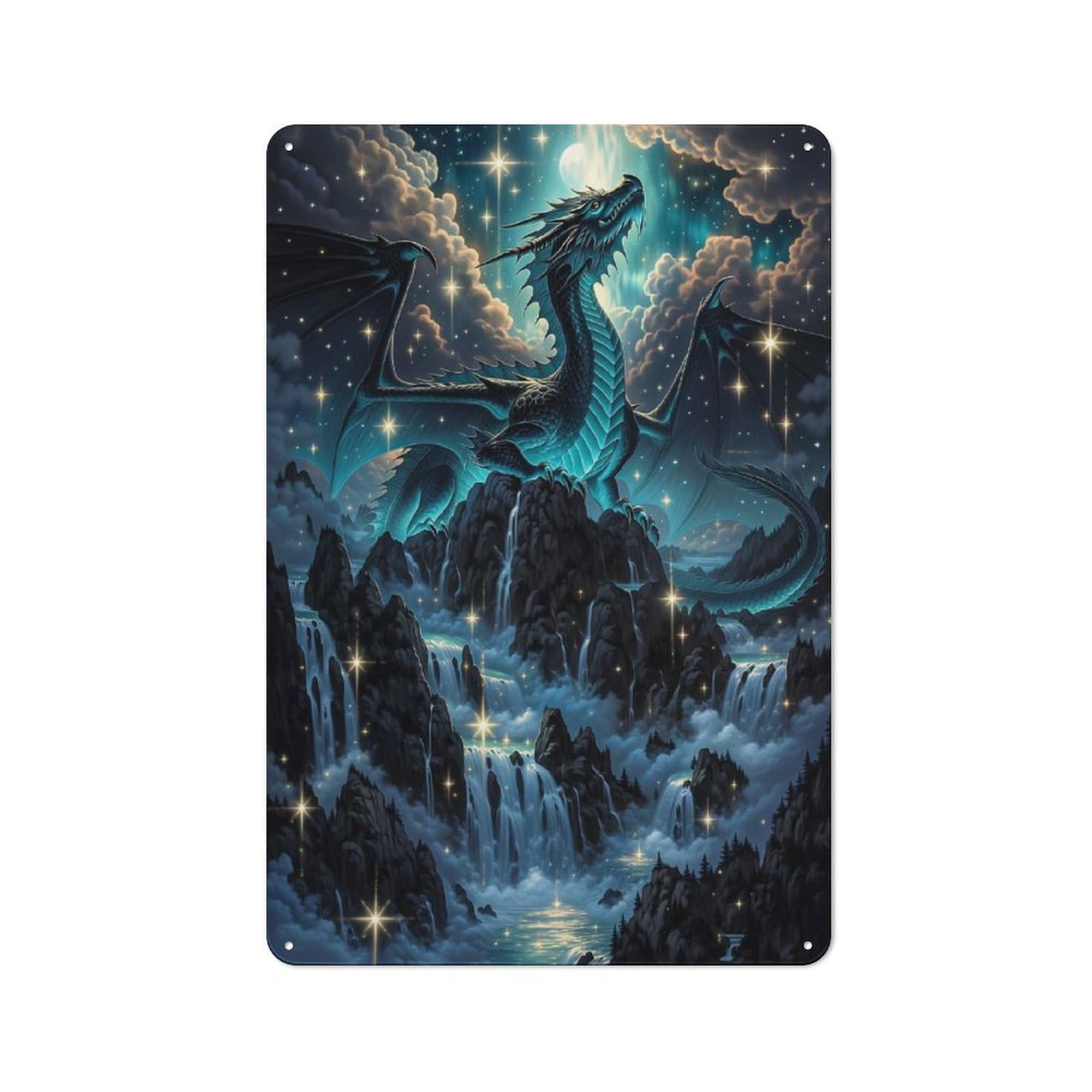 Junmoney Style-23 Retro Retro Metal Sign 30X20cm Featuring Dragon Over Waterfalls Under Starry Sky, Garage Wall Decor For Garage, Hobby Room, Office Or Man Cave