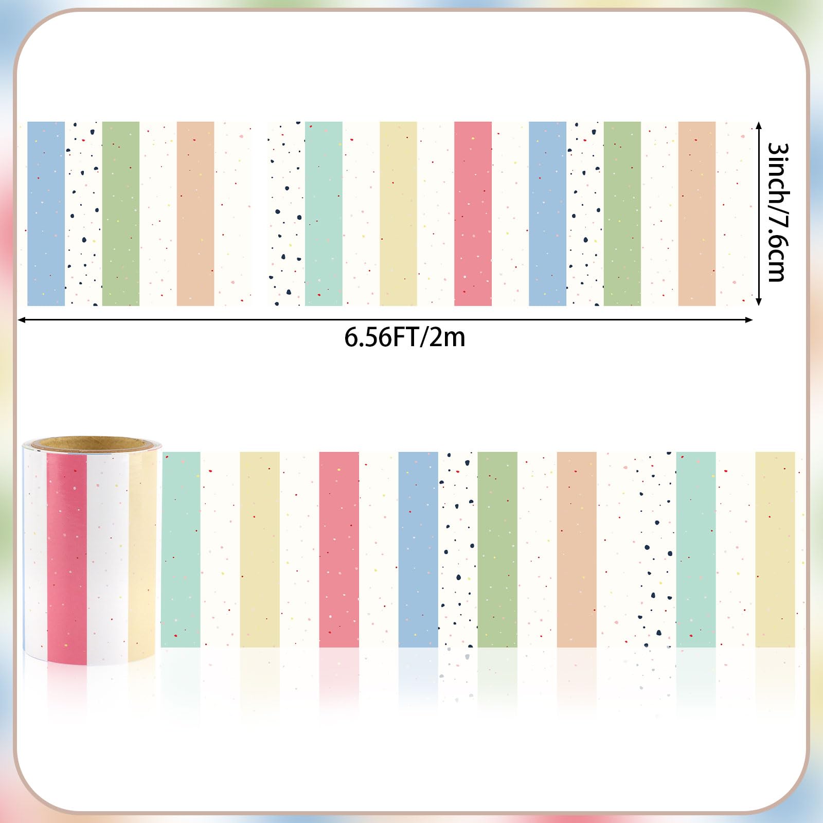 Condition photo showing New/Like New for 6.5 Feet Boho Bulletin Board Border Polk Dot Stripes Straight Rolled Trim Colorful Bulletin Borders Colorful Boho Stripe Boards Decoration for Classroom School Offices Walls Chalkboard Decor