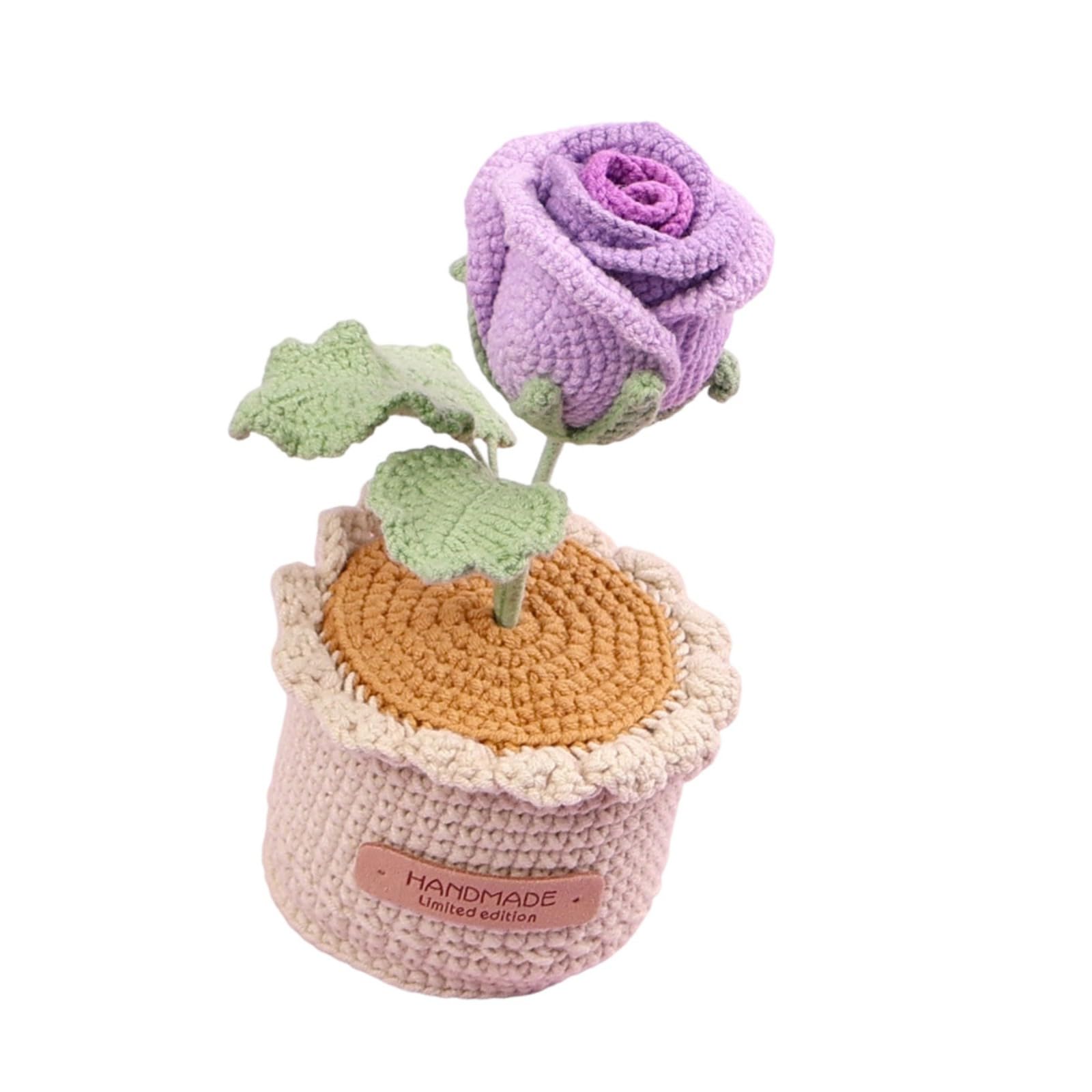 Hredyqw Handmade Knitted Rose In Pots Crochet Potted Plant Ornament Home Decors For Valentines Birthday Wedding