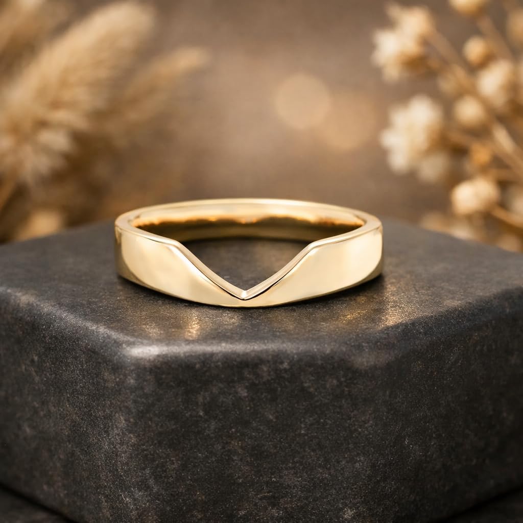 14K Yellow Gold Plated V Shaped Wedding Band for Women Minimalist Chevron Ring Curved Stackable Contour Band Simple Promise Ring Modern Anniversary Bridal Jewelry Gift For Her