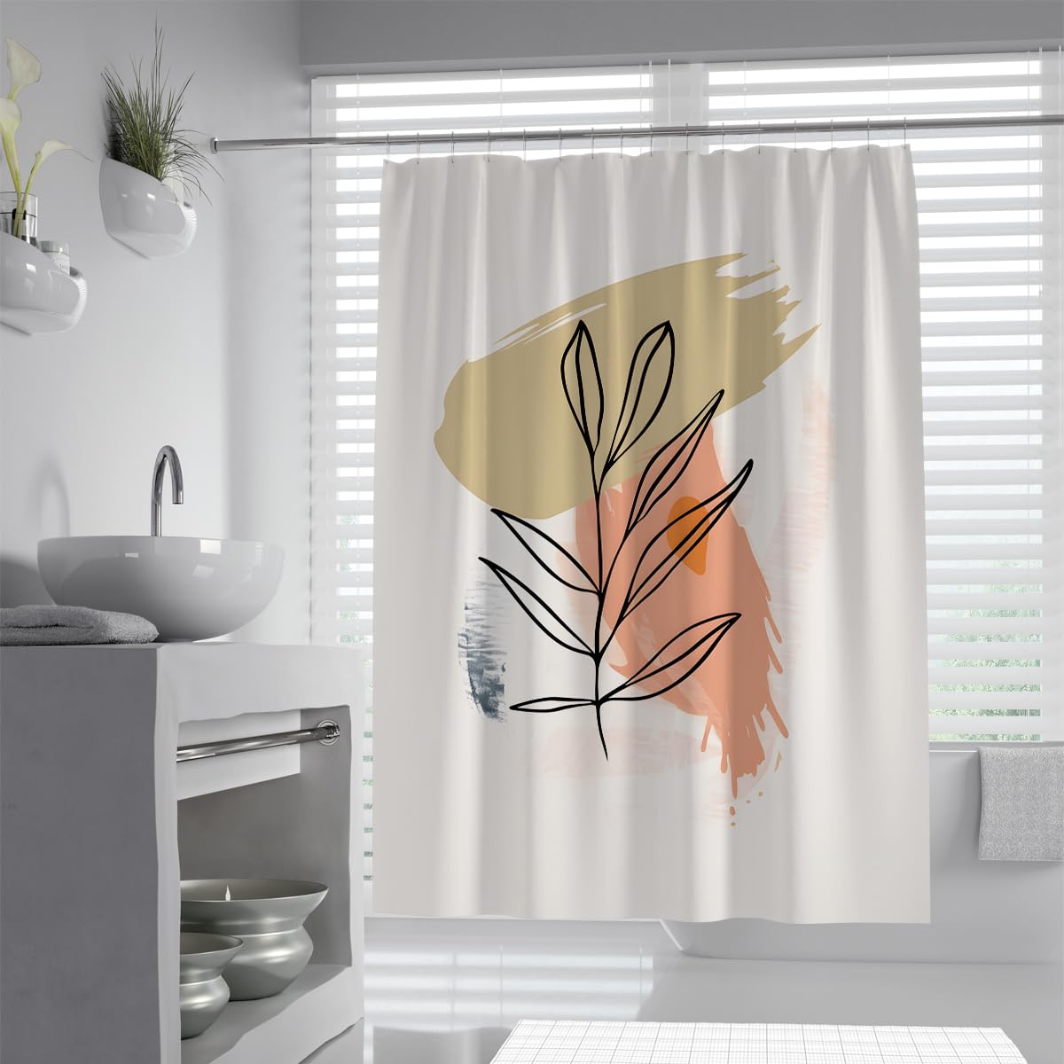 UIRINGART Expressionism Shower Curtain W120xL180cm Abstract Geometric Brush Stroke and Plant Branch Leaf Pattern Washable Polyester Fabric Bathroom Curtains