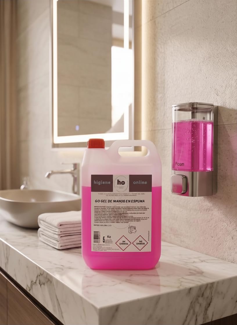 HO Jabón de Manos en Espuma 5L Color Rosa - Fragancia Fresca- Garrafa Lavamanos Profesional para Dispensador - Ahorro de Agua y Enjuague Rápido - Ideal Hostelería, Clínicas y Oficinas