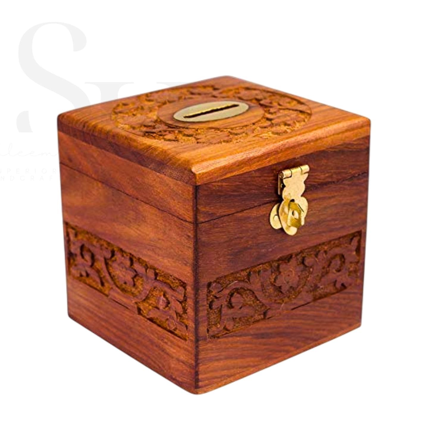WOODLY Handcrafted Wooden Barrel Money Bank, Dark Brown, Large Size with Carved Floral Patterns, Traditional Style, Decorative Turquoise and Red Safe Coin Storage Box for Kids and Adults (Square)-picture-11