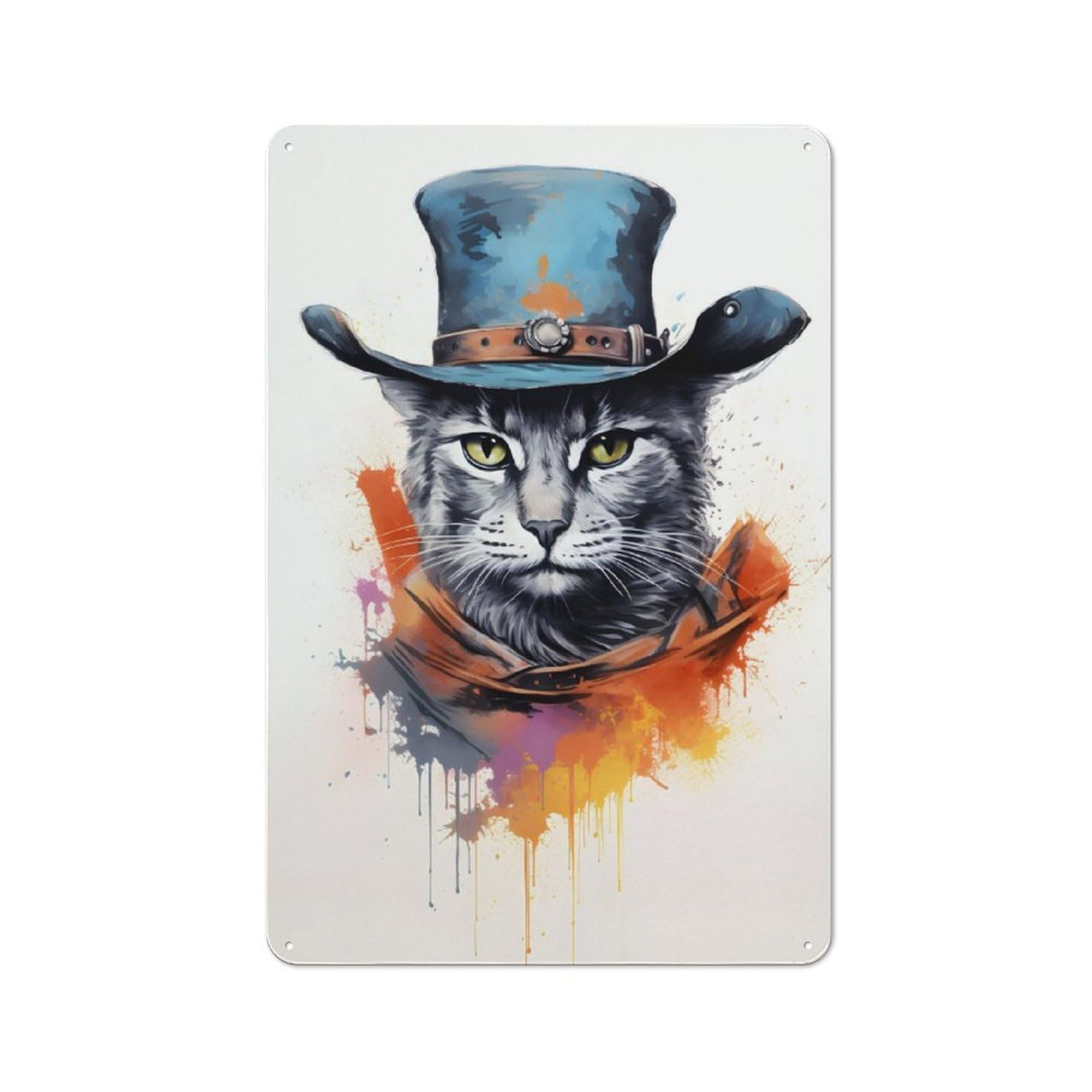 Retro Metal Wall Sign 30x20cm with Cat As A Cowboy Painting for Hallway Wall, Gift for Wall Display Collectors during The Christmas Season