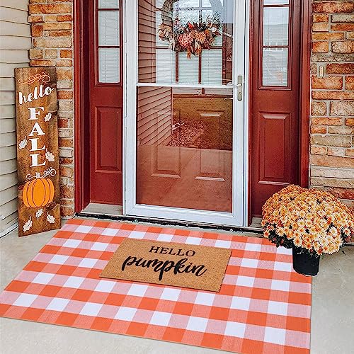标题:Fall Plaid Area Rug 4x6 Ft, Orange and White Buffalo Check Large Farmhouse Cotton Rug, Hand-Woven Washable Indoor Outdoor Carpet for Halloween Thanksgiving Autumn Porch Patio Decor