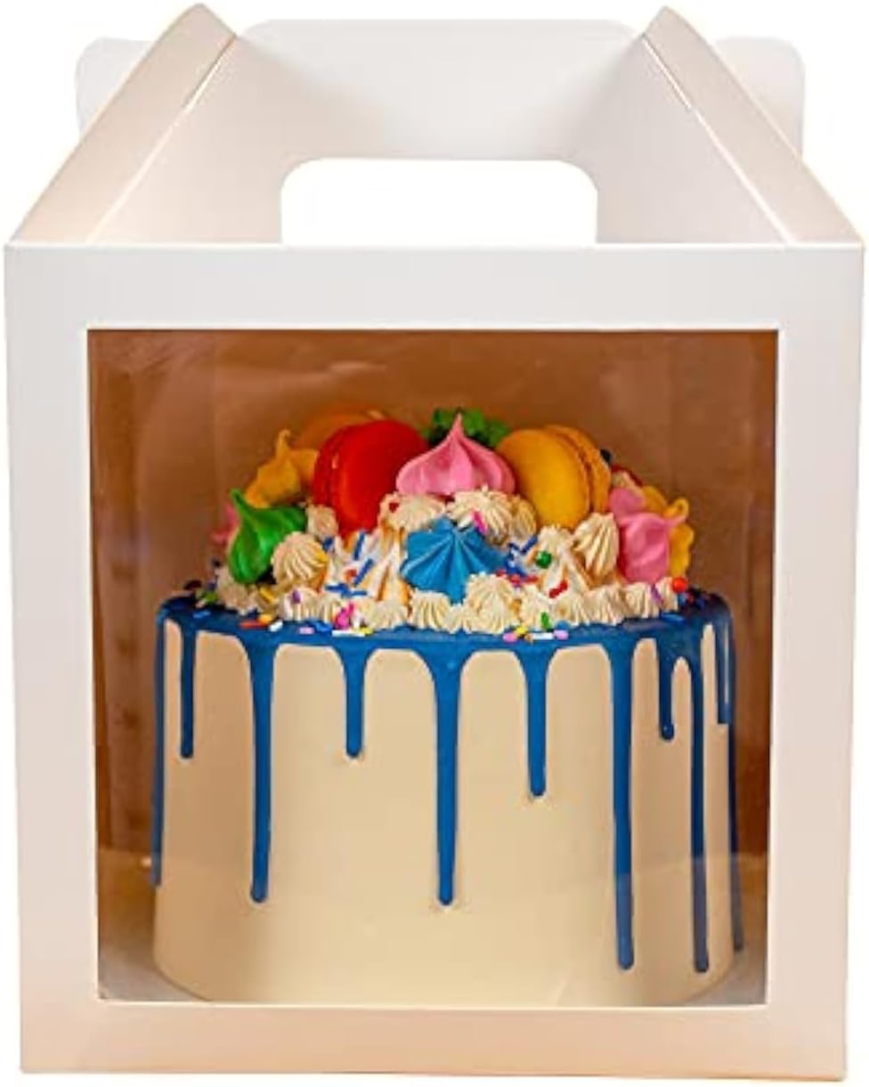 Gretel 10x10x8 Cake Box Tall with Clear Display Window and Handle - Boxes for Safe Transport of Large Cakes - 10-Pack