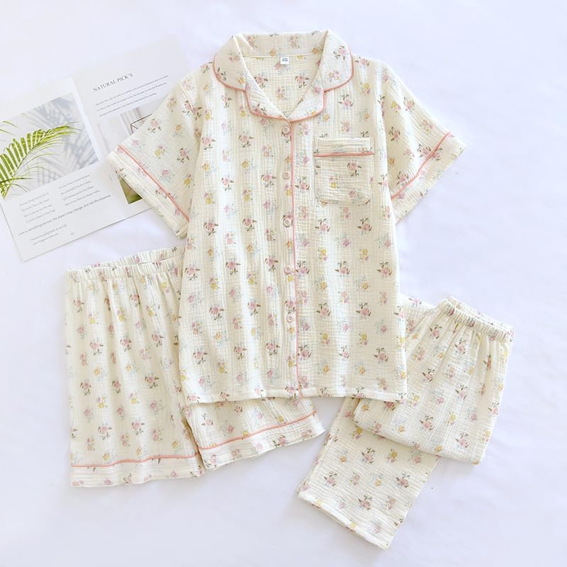 Image of codcm Womens 3pcs Cotton Pajamas Set Short Sleeve Sleepwear Fruit Print Cute Pj Set with Long Pants