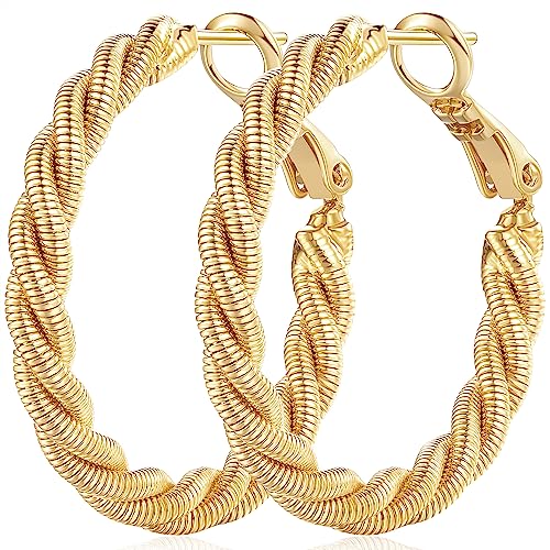 14K Gold Hoop Earrings for Women 14K Gold Earrings Hoops Twisted Circular Womens Hoop Earring 30mm