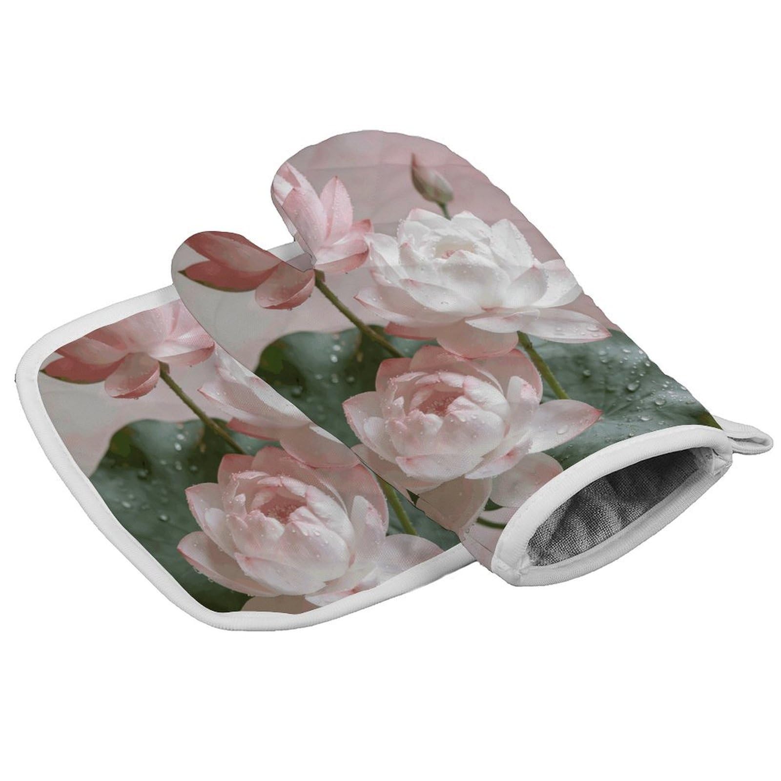 Fodpand Style Lotus Floral Oven Mitt Set With Lanyard, Cooking Mitt, Protective Thermal Insulation,Kitchen Mitt For Baking, Cooking, Grilling, Microwave