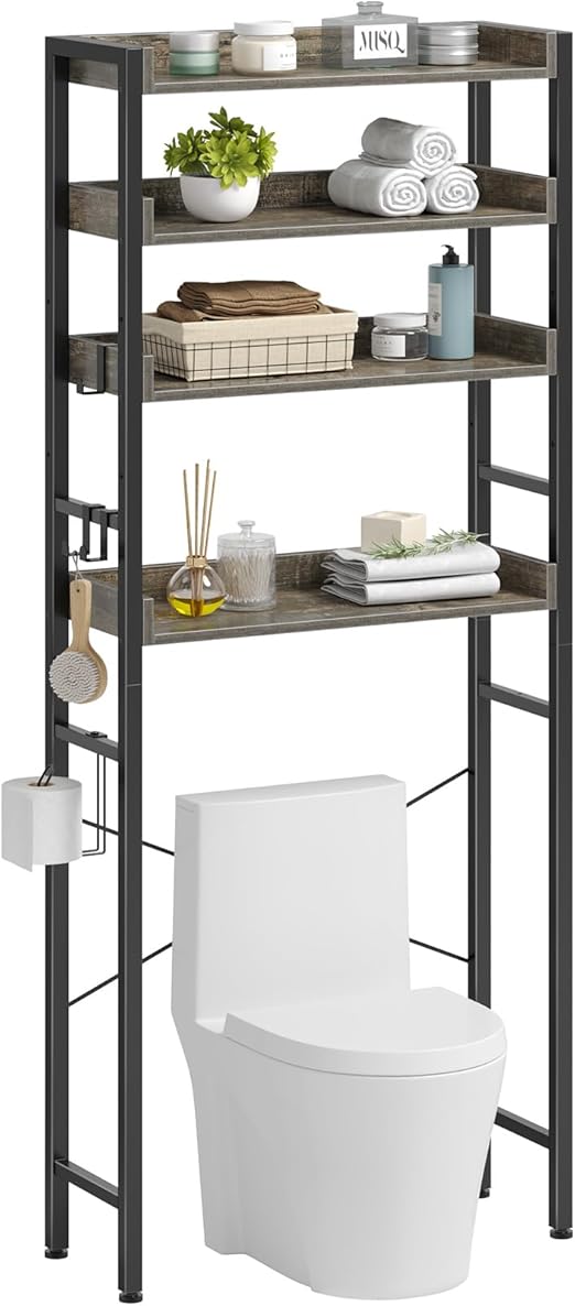 Rolanstar Over The Toilet Storage 4-Tier, Sturdy Bathroom Shelf with Adjustable Shelf, Freestanding Over The Toilet Rack for Bathroom, Behind Toilet Rack, Fix Most Toilet, Space-Saving, Gray