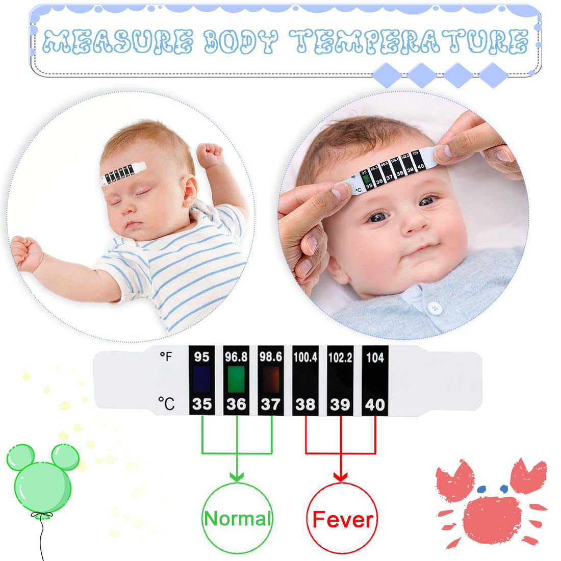 20 Pièces Bandes de Thermomètre Frontal Fiable, Autocollant Portable Réutilisable pour Vérifier la Température de Bébé, Adulte, Thermomètres de Voyage pour sac à Main