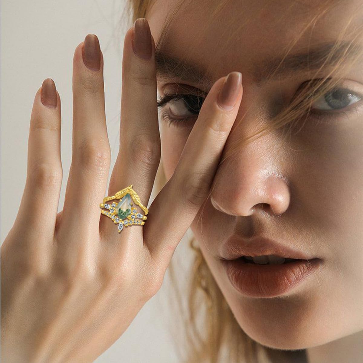 Natural Moss Agate Rings for Women Kite Cut Sterling Silver Moss Agate Engagement Wedding Ring for Women