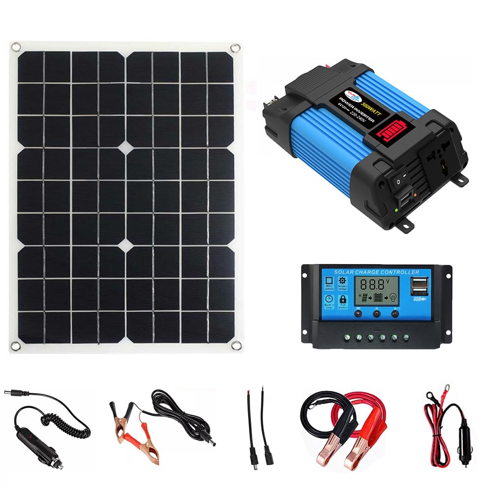 Pepisky Modified Sine Wave Inverter 300W Power Inverter to AC 220V Car Charger Converter with 18W Solar Panel and 30A Solar Charge Controller Suitable for MobilesPhonesComputersLaptop