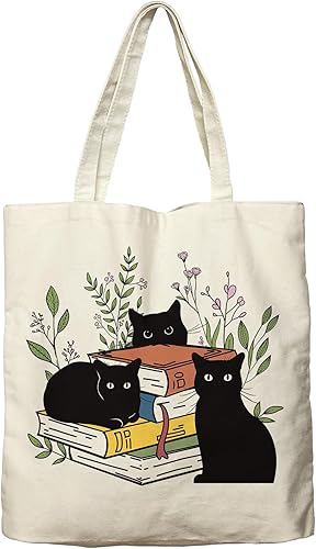 Dlzdn Bolsa de lona con diseño de gato negro para mujer, estética, lindo gato, floral, libro, bolsa de compras, bolsa de playa, regalos