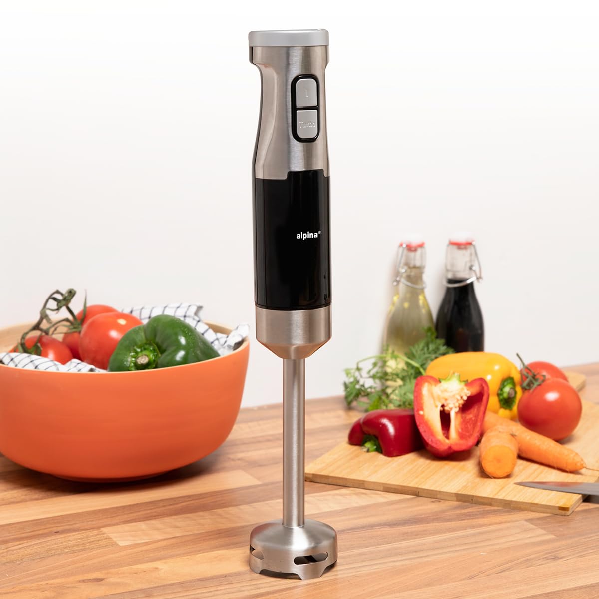 alpina Batidora de Mano BB6700F-N - Batidora Brazo con Vaso Medidor 700ML - 1000W - 2 Velocidades y función Turbo - Sin BPA - Acero Inoxidable - Negro/Plata