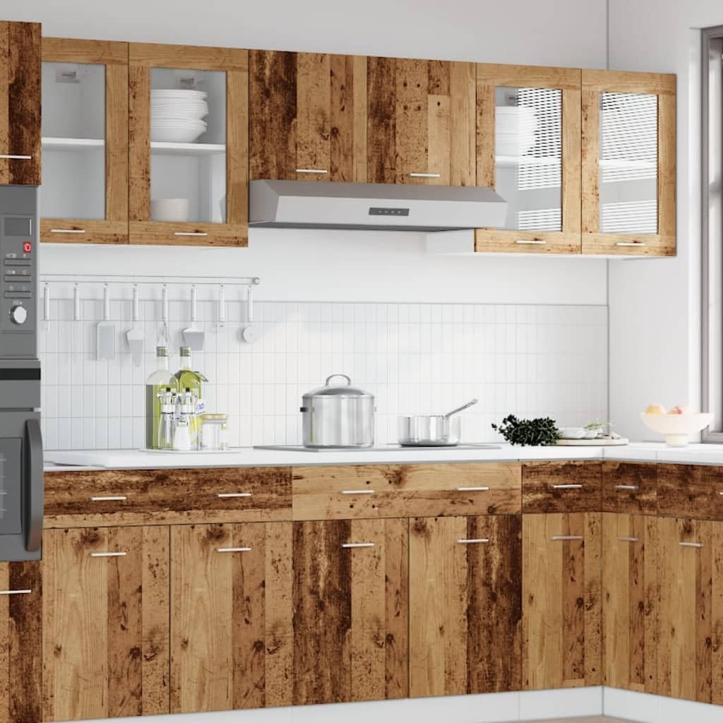 Hängeschrank Lyon mit Glastür in Altholz-Optik 40x31x60 cm aus Holzwerkstoff mit Küchenmöbel Stauraum für Geschirr und Kochutensilien