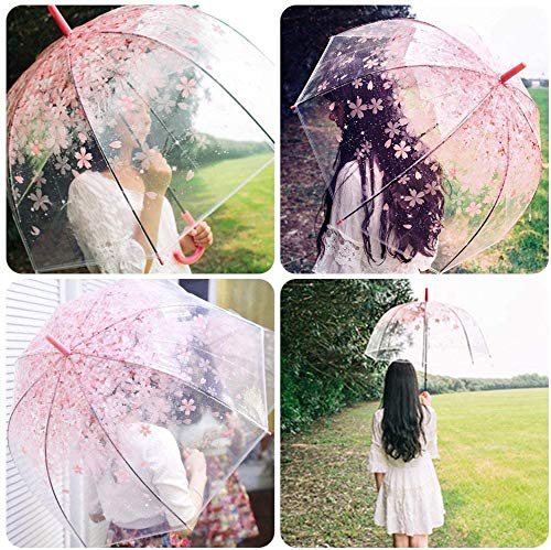 Cherry Blossoms Umbrella Cute Transparent Bubble Umbrella Clear Dome Semi-Automatic Sunny Umbrella For Kids Girls Boys Or Women Romantic Windproof Wedding Decoration Umbrella (Pink) #TOP1