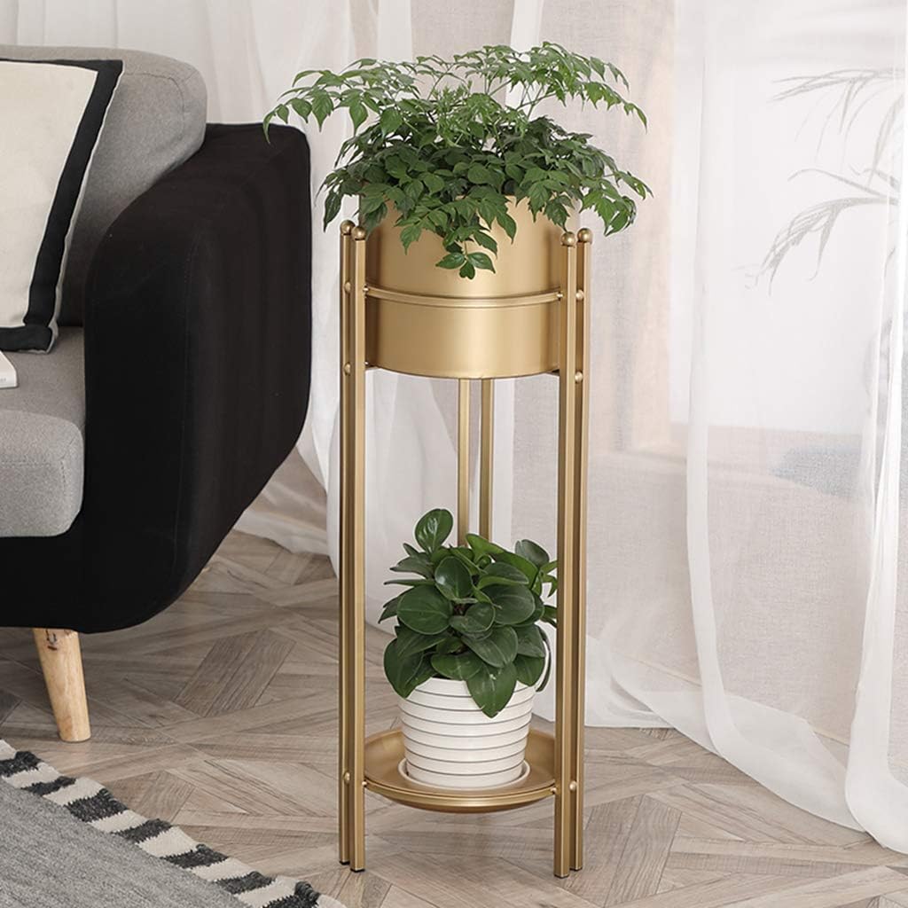 Flower Pot Shelves Black Metal Display Holders European Style Gold Plant Pot Shelving Rack Garden Display Storage Shelf Home Decoration Stand(Pots Include)(M)