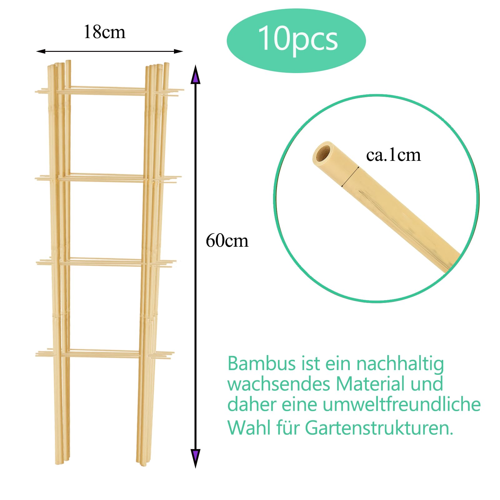 10 Stück Rankgitter Bambus, Rankhilfe Holz für Kletterpflanzen Gurken Tomaten Blumen Tomatenturm - Länge 60 cm (2S, 60 cm)