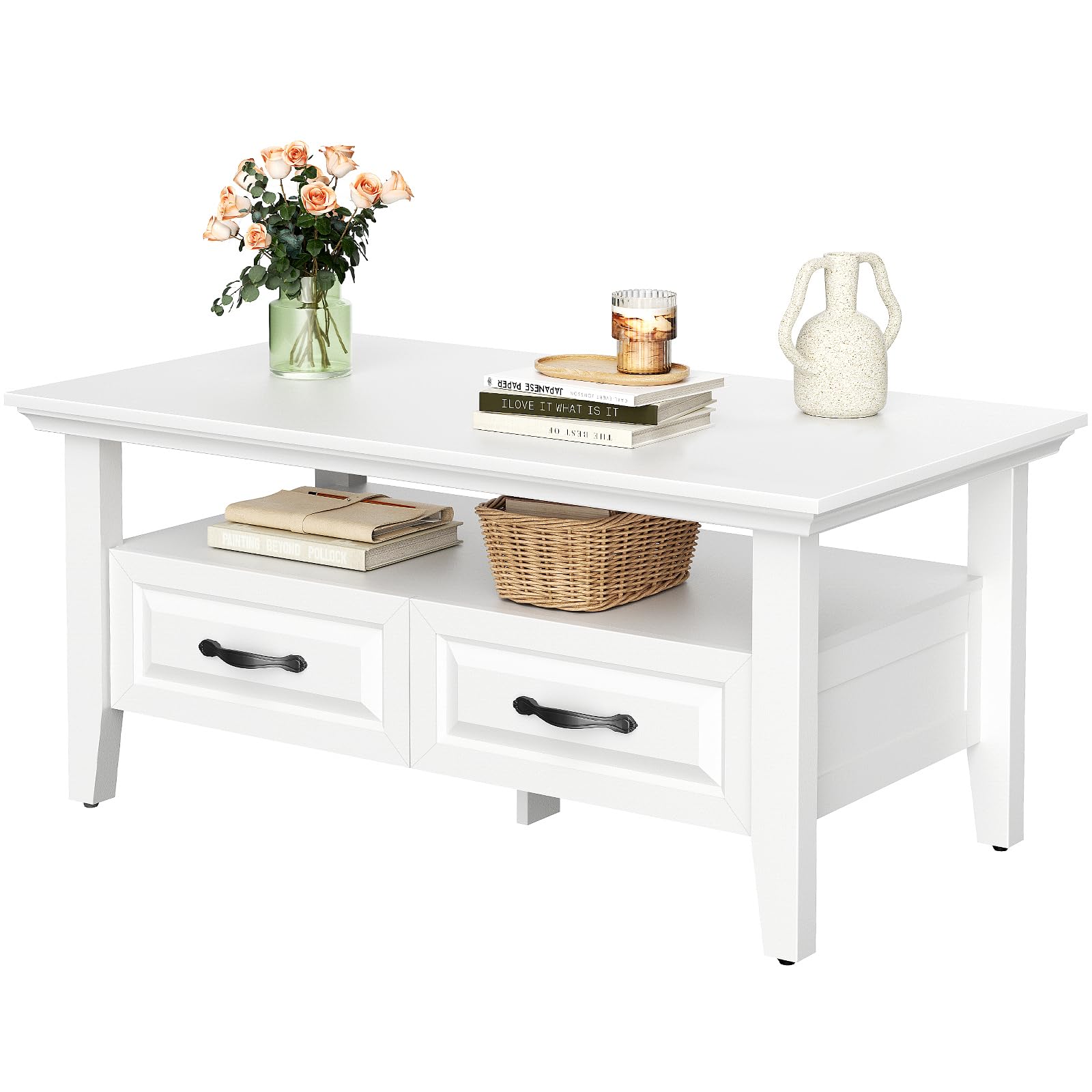 Marsail Farmhouse Coffee Table with Storage, 39.4" Wood Coffee Table for Living Room, Rustic Center Table with 2 Drawers, Open Display Area, White