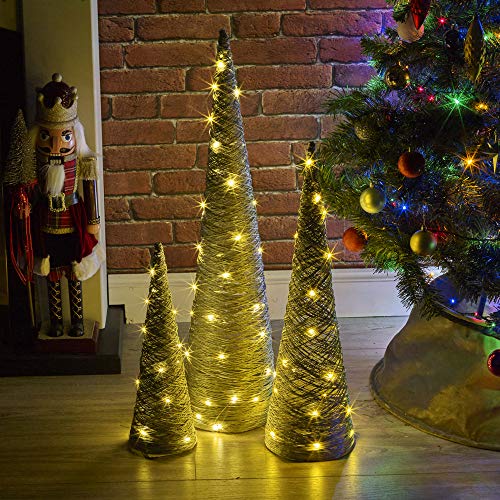 URBNLIVING 3 Pcs Light Up LED Christmas Tree Cones, Xmas Cone Pyramids with LED Fairy Light Strings for Home Decor Window Display, 40-80cm Tall, 3 x AA Batteries (Silver with Glitter)