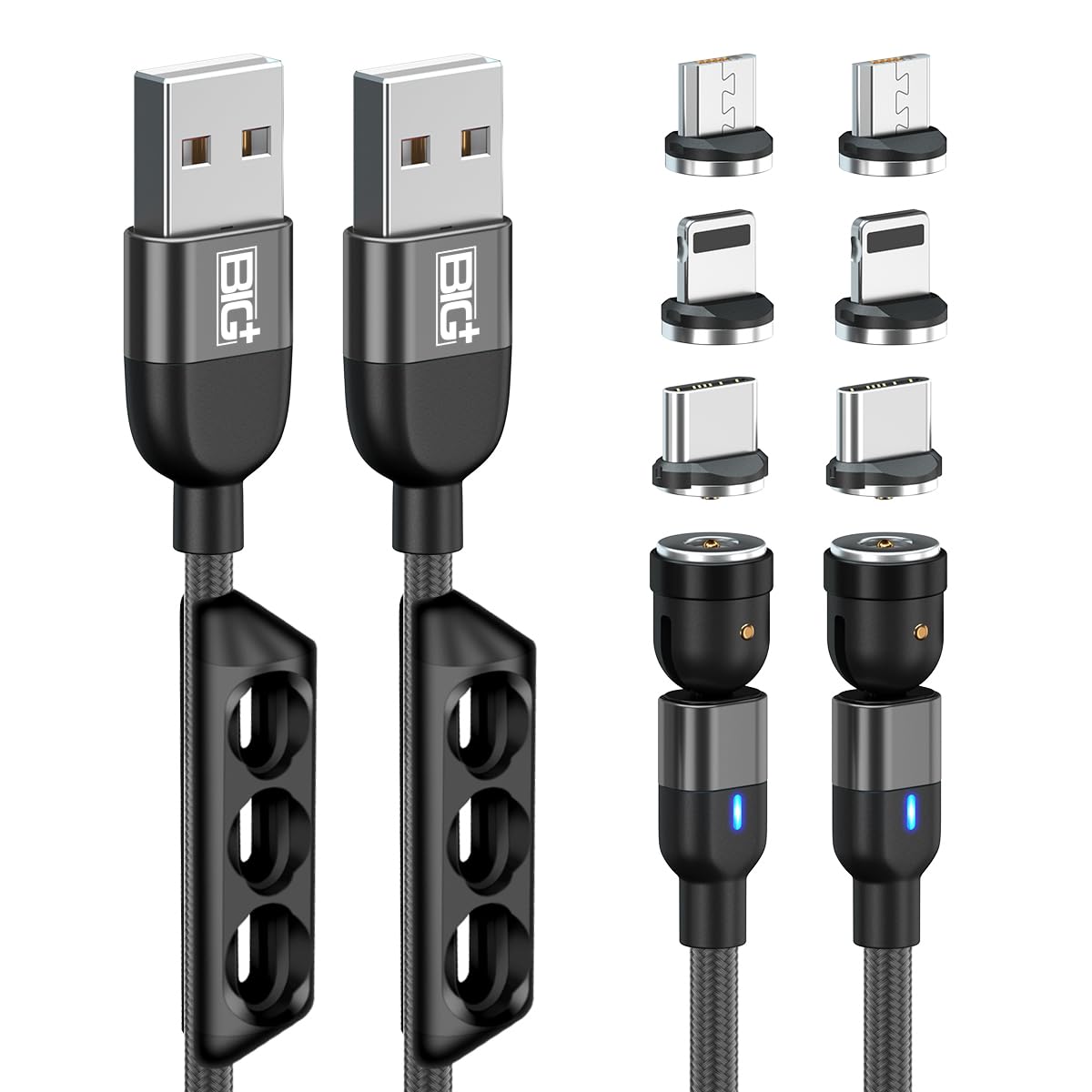 BIG+ Magnetic Charging Cable with 360° & 180° Rotating Head [2 Pack] Nylon Braided Compatible Charger for All Androids, Micro USB and USB C Devices, Type C Charger, USB Magnetic Phone Charger Cable