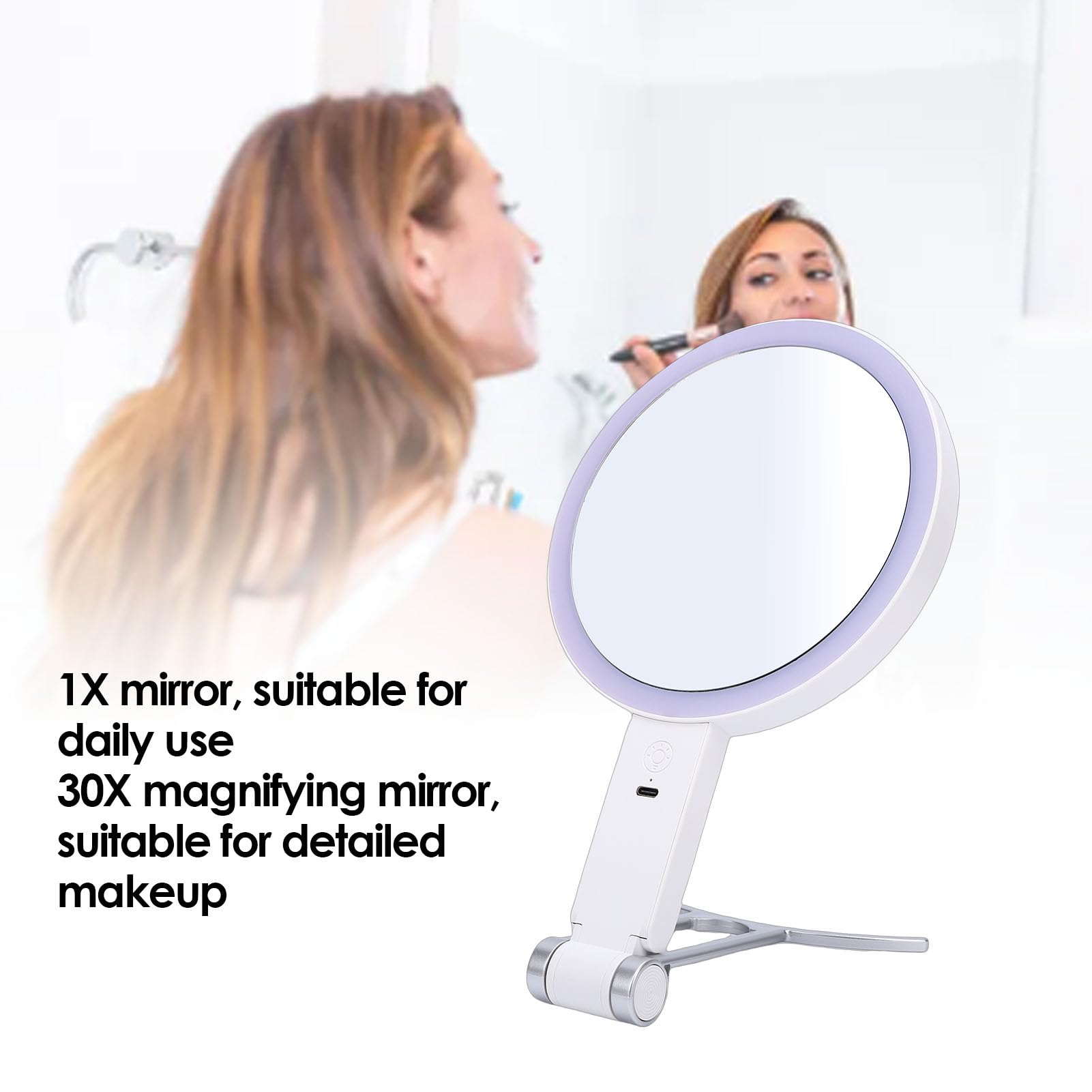 Espejo de Maquillaje de Doble Cara con Luces, Espejo de Tocador con Aumento de 30X y Luz LED, Soporte Portátil y Soporte de Pared para el Hogar los Viajes