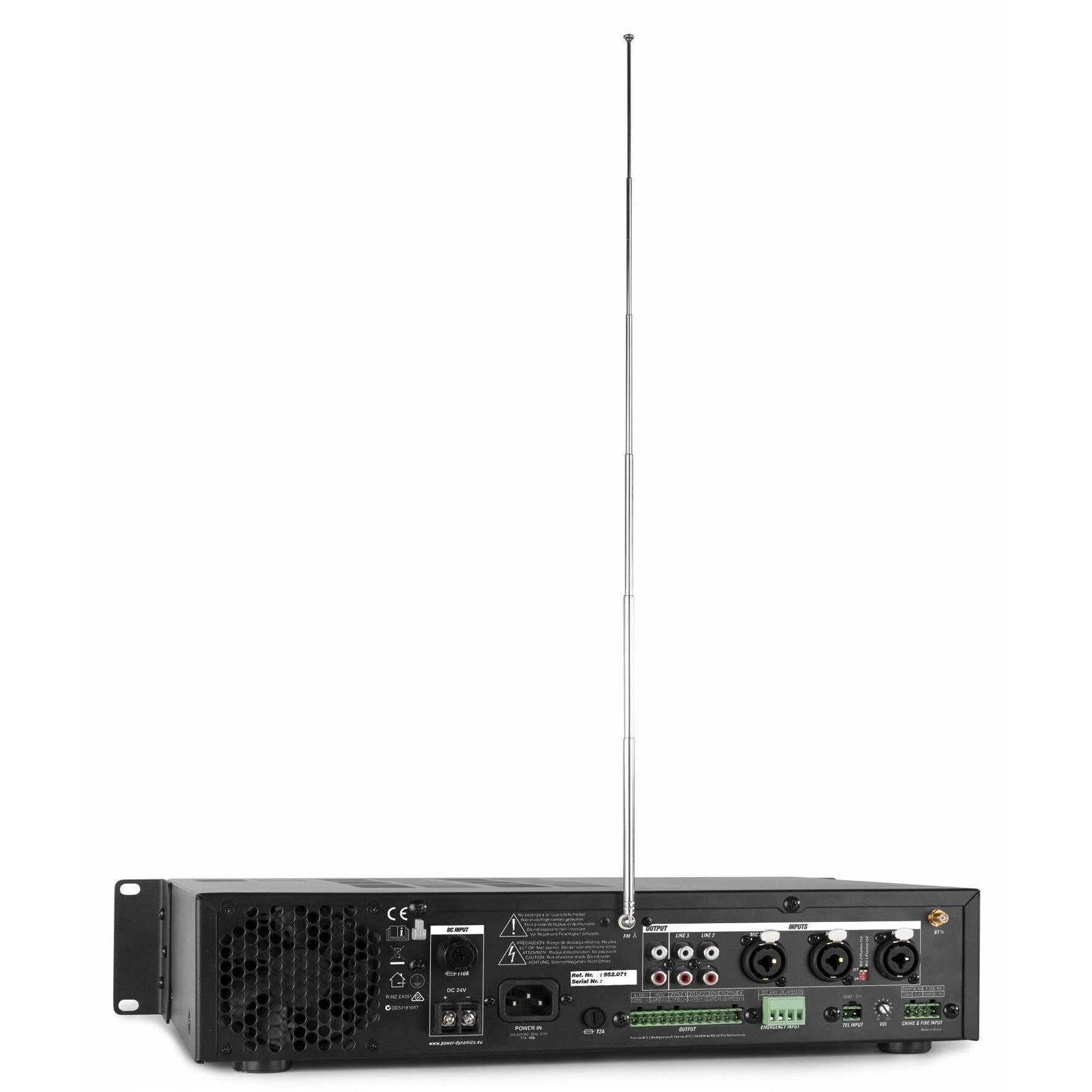 Power Dynamics PDV240 - Amplificador Mezclador 4 Zonas 240W con Reproductor USB SD Radio FM Bluetooth Mic 3X entradas Alarma Fuego 100V 8 Ohm Rack 19” Ecualizador Emergencia