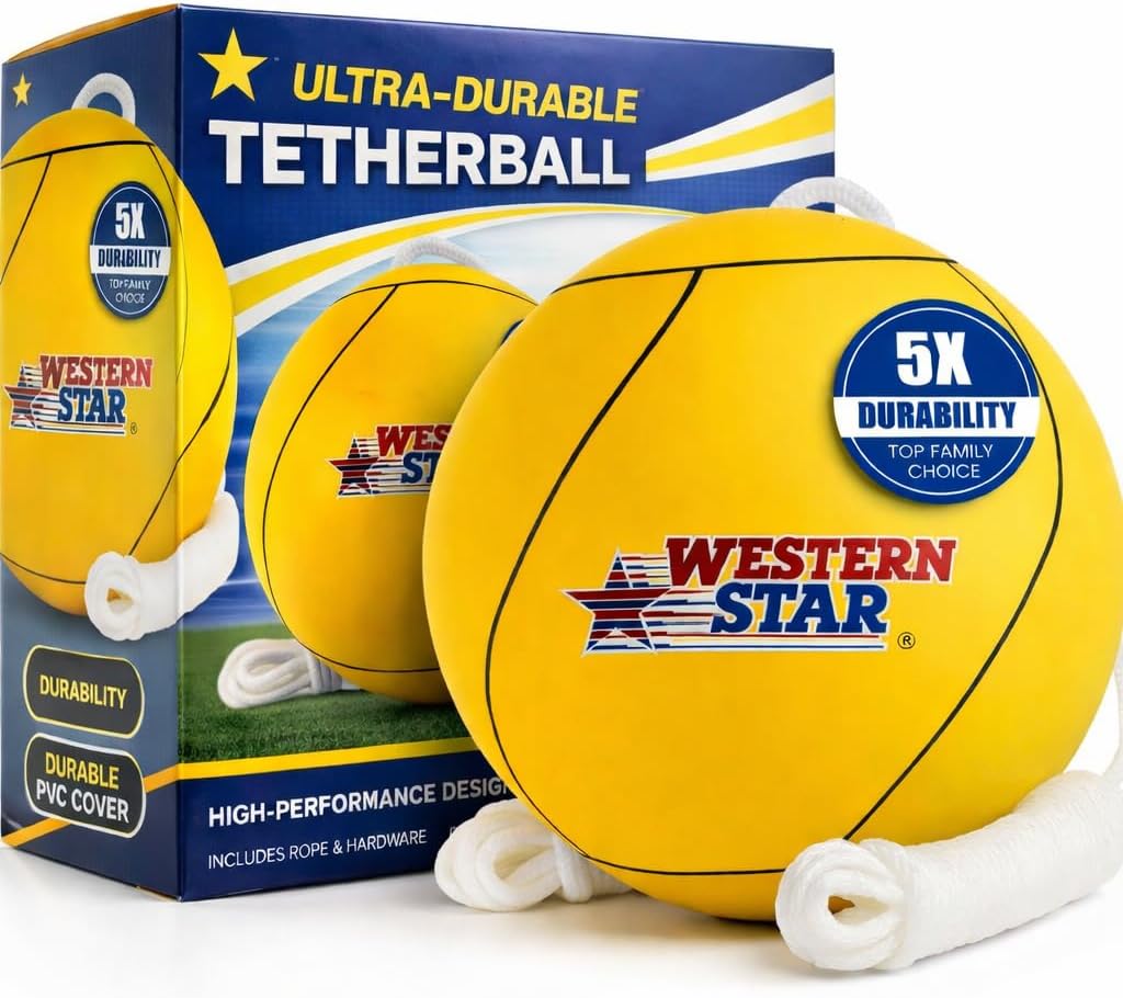 Western Star Tetherball Game Set - Soft-Touch Tether Ball with 2 Reinforced Attached Ropes - Outdoor - 4 Colors - Classic Family Game