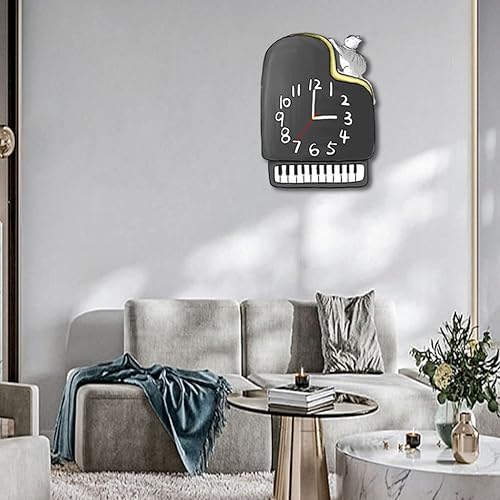 Miniatura 7 de Reloj de pared silencioso de dibujos animados reloj de pared lindo gato escalada a piano decoración de pared música reloj de cuarzo para aula piano