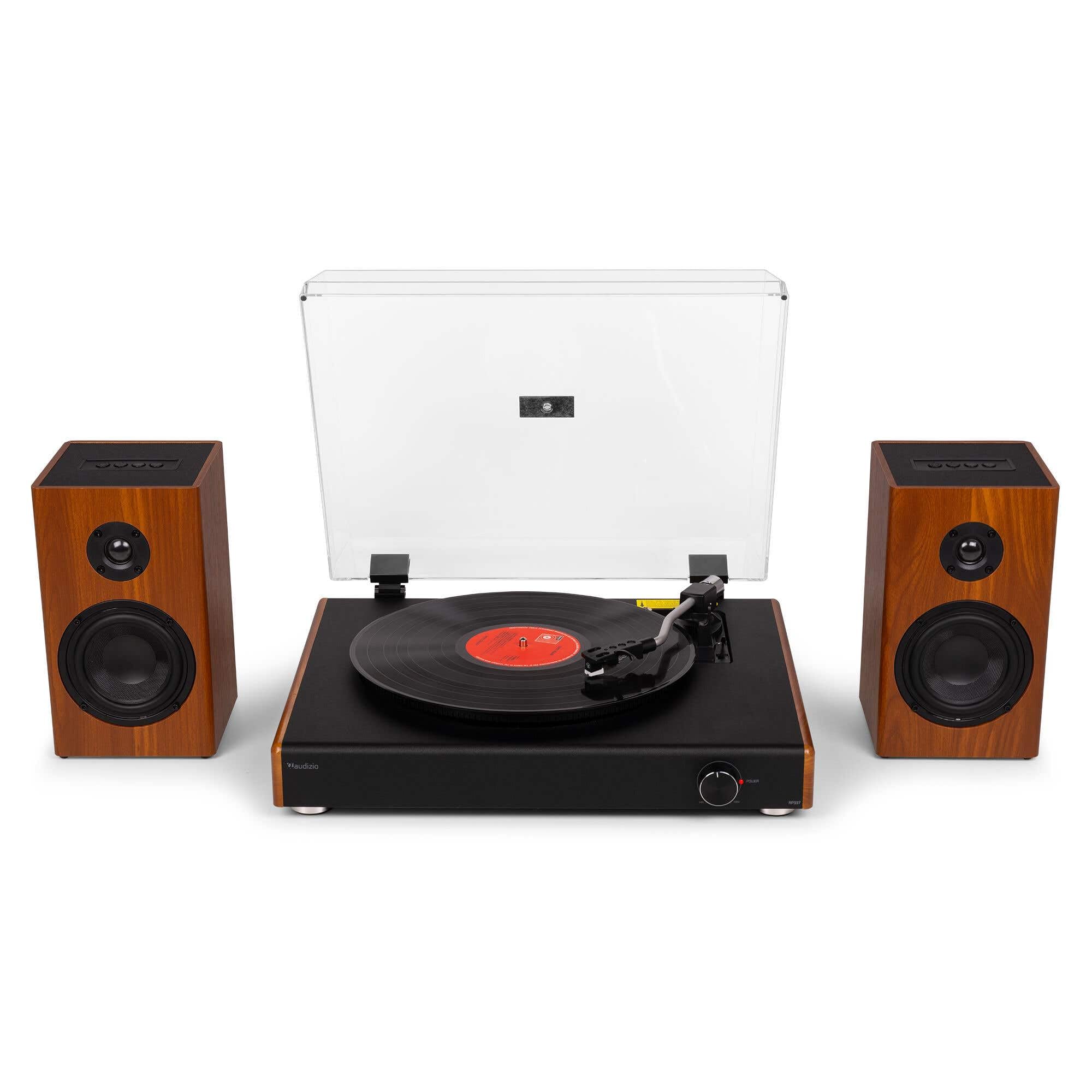 Audizio RP337W Giradischi con altoparlante Bluetooth – Lettore in vinile effetto legno – Record Player da 33, 45 e 78 giri/min – Tavolo da ginnastica con altoparlante wireless da 50 Watt – Giradischi