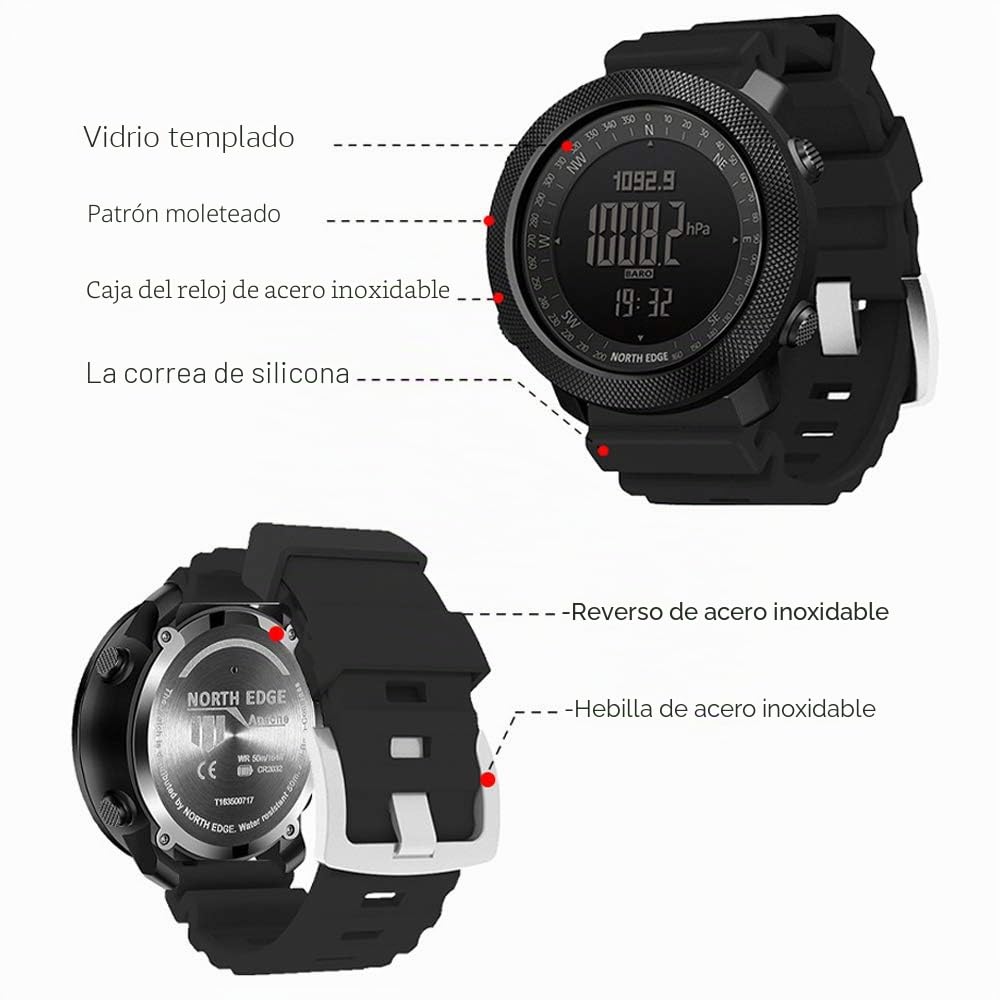 Reloj inteligente deportivo al aire libre, reloj táctico de silicona con altímetro, barómetro, brújula y termómetro, reloj militar impermeable hasta 50 m, rastreador de fitness multifuncional