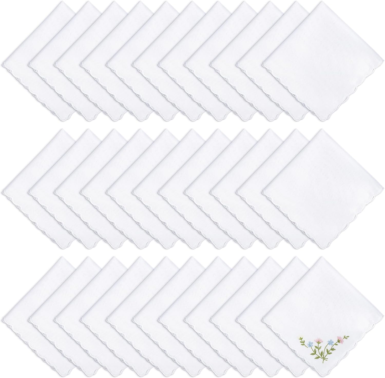 30 Pcs 12"x12" White Cotton Handkerchiefs for Women, Scalloped White Handkerchiefs, Bulk Cotton Pocket Hankies, Scalloped Wedding Hankies for Party Gift Favor, Wedding