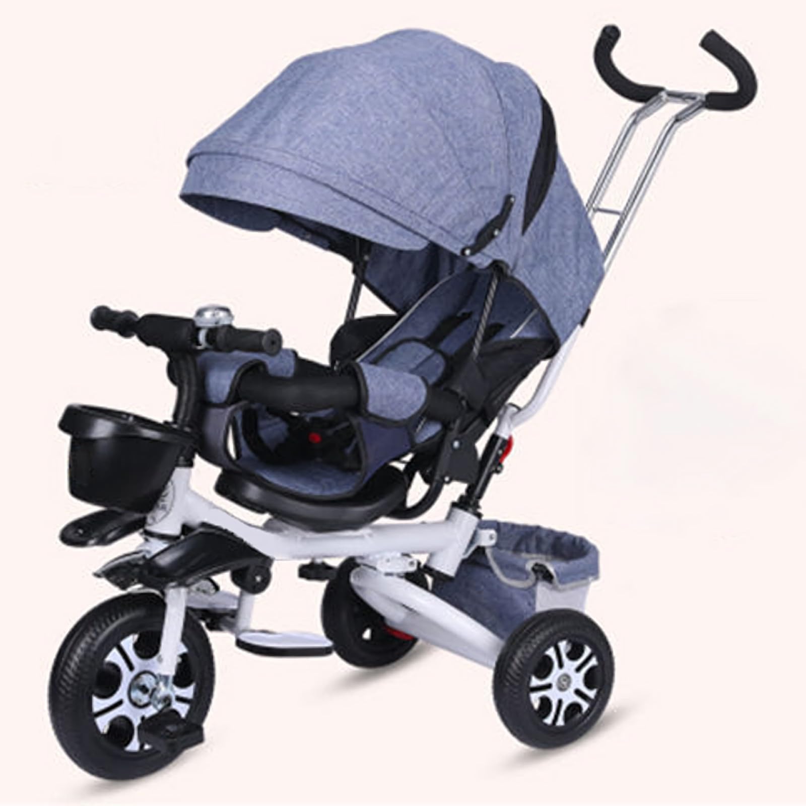 LHTJHP Kids Tricycle,Tricycle Stroller,Kid Stroller,4 in 1 Kids Trike,Folding Kids Tricycle Stroller with Push Handle,Removable Canopy,Rotatable Seat,Rubber Wheels,White+Gray,EVA Wheel