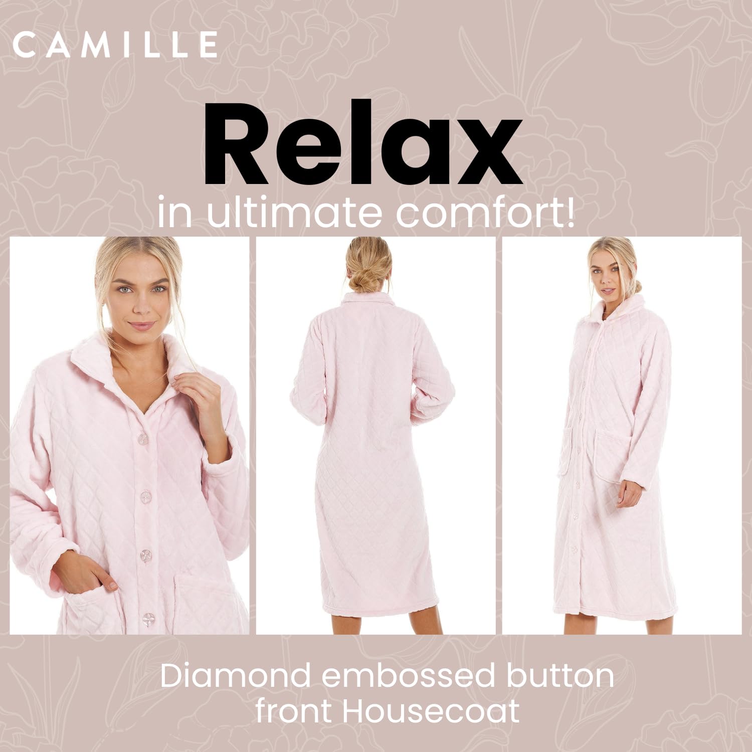 Camille Albornoz de forro polar supersuave para mujer, diseño de diamantes, albornoz con botones, manga larga con bolsillos delanteros, acogedor y cálido
