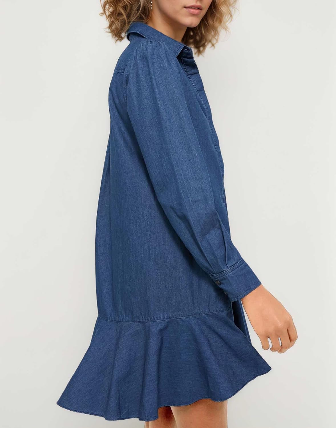Women's Long Sleeve Denim Shirt Dress Button Down Ruffle Flowy Collared Mini Shift Drop Waist Jean Dresses - Image 5